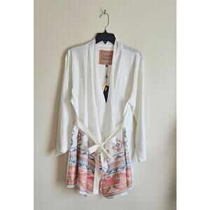New W/Tags! Gorgeous James Bryan White Linen Embroidered Wrap Top, Sz L